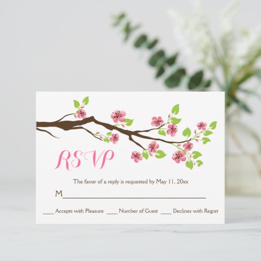 ピンクさくらんぼ花春の結婚式RSVP 出欠カード (スタンド正面)