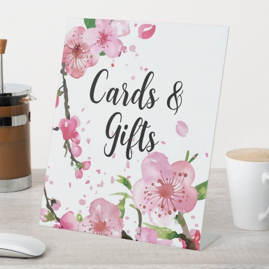 ピンクさくらんぼ花春フローラガールカードギフト 台座サイン (インサイチュ)