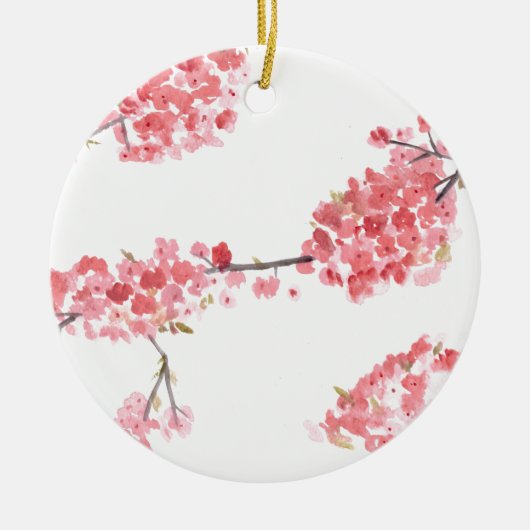 ピンクさくらんぼ花桜日本の水彩 セラミックオーナメント (正面)