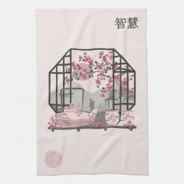 ピンクさくらんぼ花盆栽アジアのグラフィックデザイン キッチンタオル