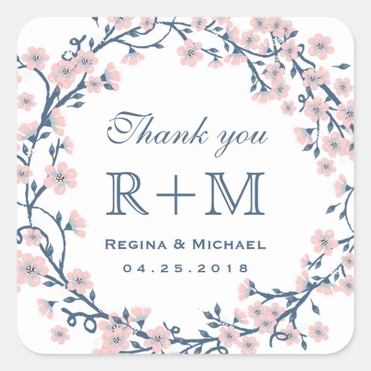 ピンクさくらんぼ花結婚式の引き出物シール スクエアシール (正面)
