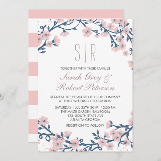 ピンクさくらんぼ花結婚式招待状 招待状 (正面/裏面)