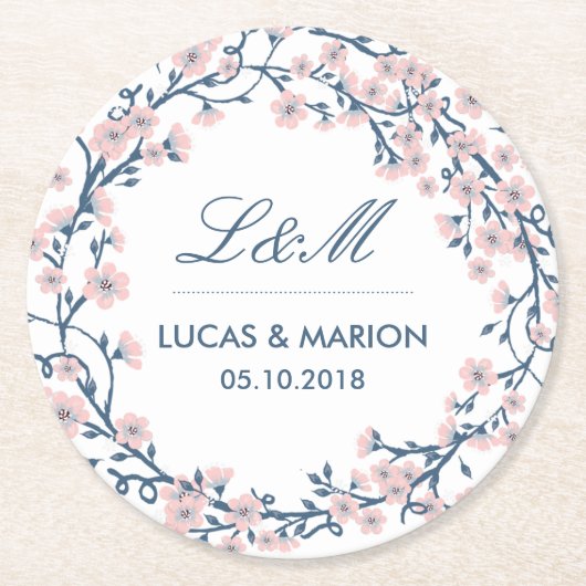 ピンクさくらんぼ花花花結婚式パーティコースター ラウンドペーパーコースター (正面)