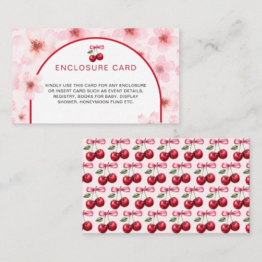 ピンクさくらんぼ花赤ちゃんシャワー エンクロージャーカード (正面/裏面)