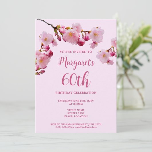 ピンクさくらんぼ花60th誕生日パーティー 招待状 (スタンド正面)