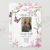 ピンクさくらんぼ花&バタフライ葬儀招待状 招待状 (正面/裏面)