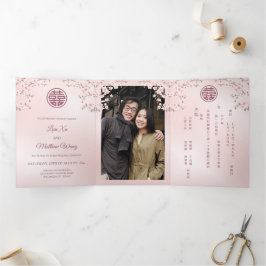 ピンクさくらんぼ花 |写真中国の結婚の 三つ折り招待状