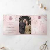 ピンクさくらんぼ花 |写真中国の結婚の 三つ折り招待状 (内部)