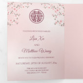 ピンクさくらんぼ花 |写真中国の結婚の 三つ折り招待状 (内部最初)