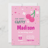 ピンクさくらんぼ誕生日の招待 招待状 (正面)
