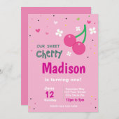 ピンクさくらんぼ誕生日の招待 招待状 (正面/裏面)