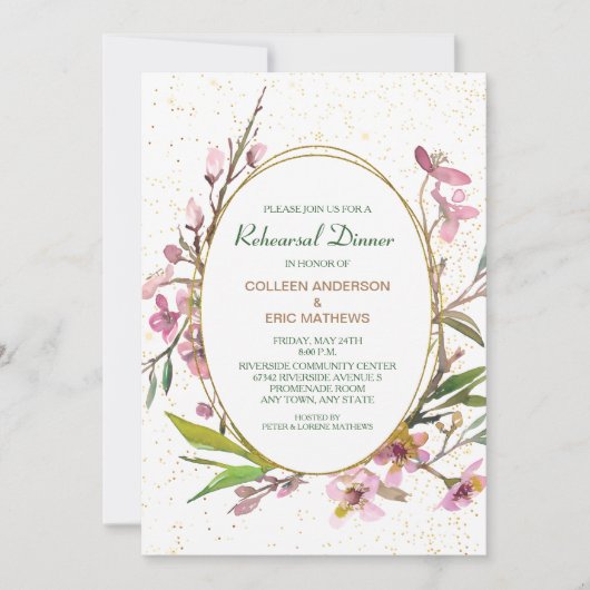 ピンクさくらんぼ金ゴールドフレームリハーサルディナー 招待状 (正面)