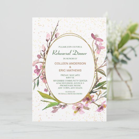 ピンクさくらんぼ金ゴールドフレームリハーサルディナー 招待状 (スタンド正面)