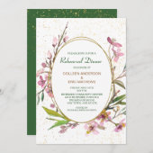 ピンクさくらんぼ金ゴールドフレームリハーサルディナー 招待状 (正面/裏面)