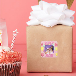 ピンクすごいママ写真カラフルハート |母の日 スクエアシール