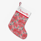 ピンクすてきと赤のポインセチアパーソナライズされた名 スモールクリスマスストッキング (正面 (吊り時))