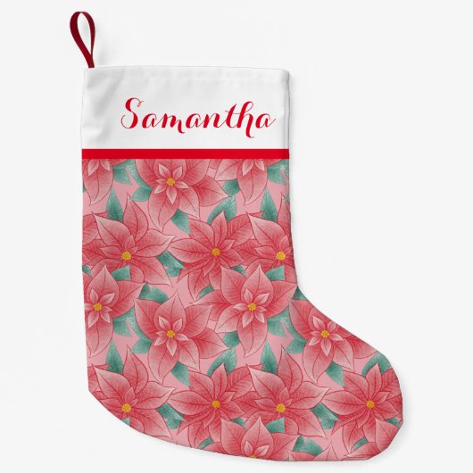 ピンクすてきと赤のポインセチアパーソナライズされた名 スモールクリスマスストッキング (正面)