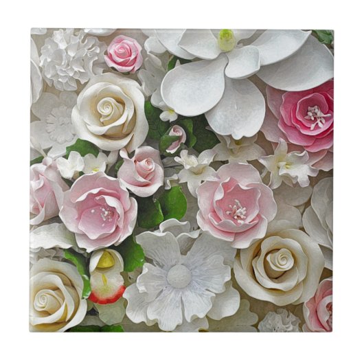 ピンクそして白い花柄 タイル (正面)