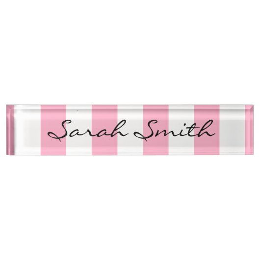 ピンクそして白くストライプのな名札 デスクネームプレート (正面)