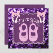 ピンクその女の子パープル輝く赤ちゃんシャワー招待状 招待状 (正面/裏面)