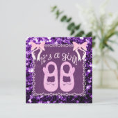 ピンクその女の子パープル輝く赤ちゃんシャワー招待状 招待状 (スタンド正面)