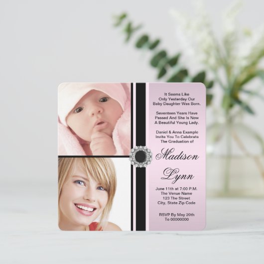 ピンクその後と今の写真の卒業 招待状 (スタンド正面)