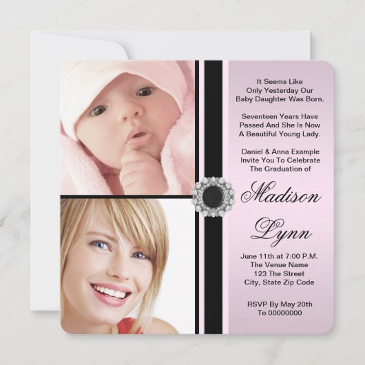 ピンクその後と今の写真の卒業 招待状 (正面)