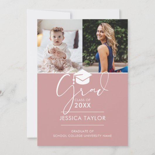 ピンクその後と今の2つの写真卒業パーティー 招待状 (正面)