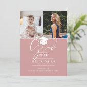 ピンクその後と今の2つの写真卒業パーティー 招待状 (スタンド正面)