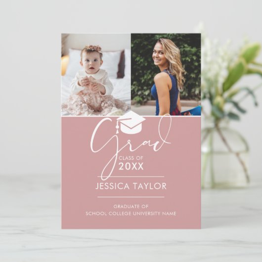 ピンクその後と今の2つの写真卒業パーティー 招待状 (スタンド正面)