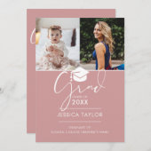 ピンクその後と今の2つの写真卒業パーティー 招待状 (正面/裏面)