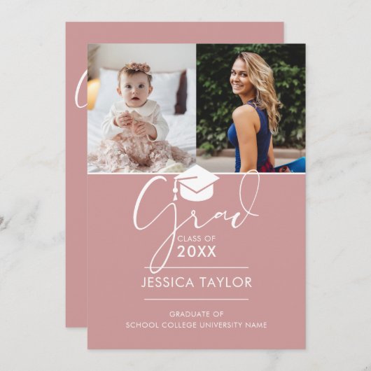 ピンクその後と今の2つの写真卒業パーティー 招待状 (正面/裏面)