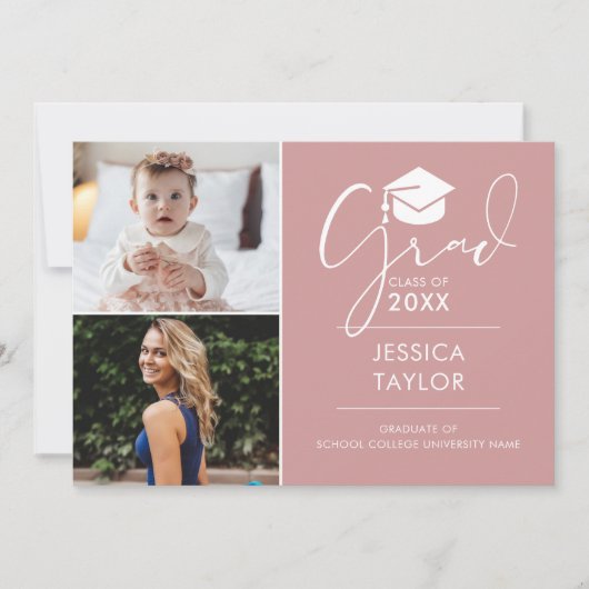 ピンクその後と今の2つの写真卒業パーティー 招待状 (正面)