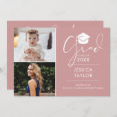 ピンクその後と今の2つの写真卒業パーティー 招待状 (正面/裏面)