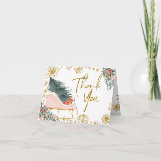 ピンクそりの赤ちゃんシャワー喜びの小さなバンドル サンキューカード (正面)