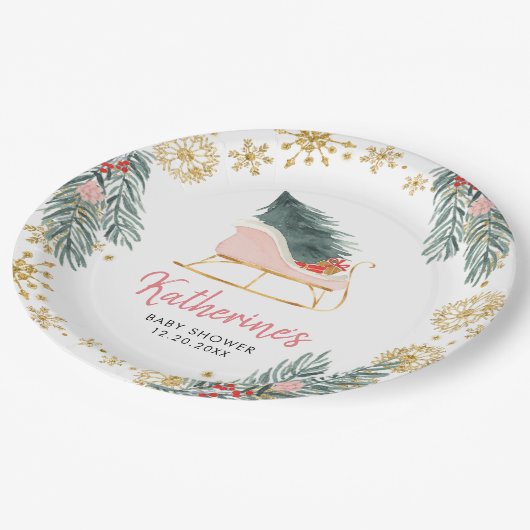 ピンクそりの赤ちゃんシャワー喜びの小さなバンドル ペーパープレート (アングル)