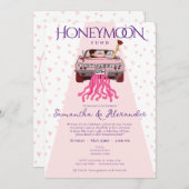 ピンクたった今結婚しましたハネムーンファンドカップルシャワー 招待状 (正面/裏面)