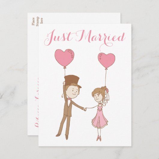 ピンクたった今結婚しました新婦&新郎ブラウン結婚ズ 案内ポストカード (正面/裏面)