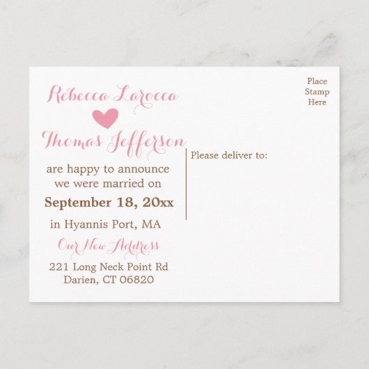 ピンクたった今結婚しました新婦&新郎ブラウン結婚ズ 案内ポストカード (裏面)