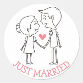 ピンクたった今結婚しました新郎新婦白黒結婚ズ ラウンドシール (正面)