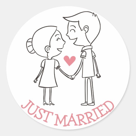 ピンクたった今結婚しました新郎新婦白黒結婚ズ ラウンドシール (正面)