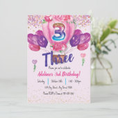 ピンクでお祝い:コンフェッティ風船 3歳の誕生日 招待状 (スタンド正面)