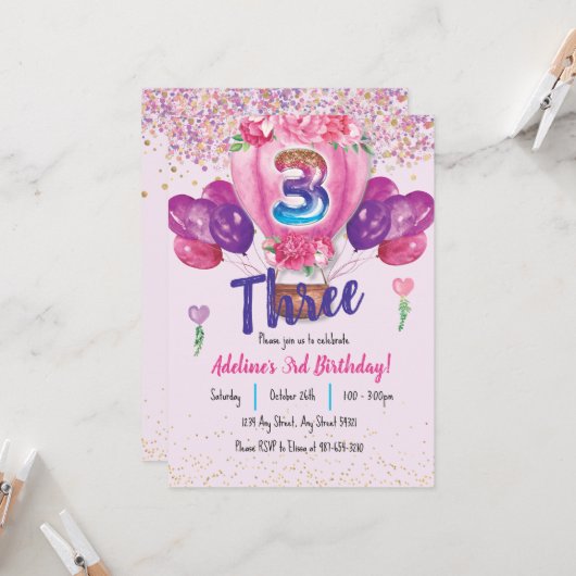 ピンクでお祝い:コンフェッティ風船 3歳の誕生日 招待状 (正面/裏面インサイチュ)