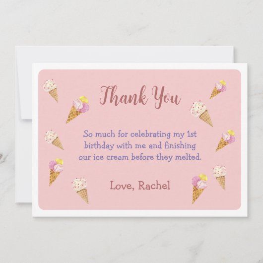 ピンクでかわいいアイスクリームコーンのパーティーガール誕生日 サンキューカード (正面)