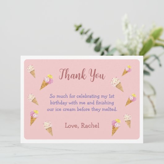 ピンクでかわいいアイスクリームコーンのパーティーガール誕生日 サンキューカード (スタンド正面)