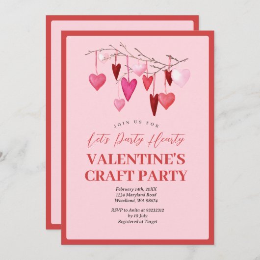 ピンクでハートフルなバレンタインクラフトパーティ 招待状 (正面/裏面)