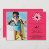 ピンクでヒーローを救おう！ フォト バースデー パーティー 招待状 (正面/裏面)