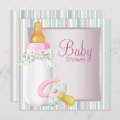 ピンクとかわいらしティール（緑がかった色）ブルーベビーガールシャワー 招待状 (正面/裏面)