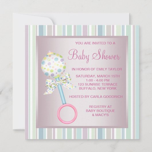 ピンクとかわいらしティール（緑がかった色）ブルーベビーガールシャワー 招待状 (裏面)