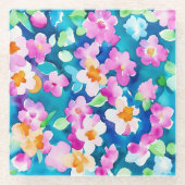 ピンクとかわいらし水色の花 ガラスコースター (正面)